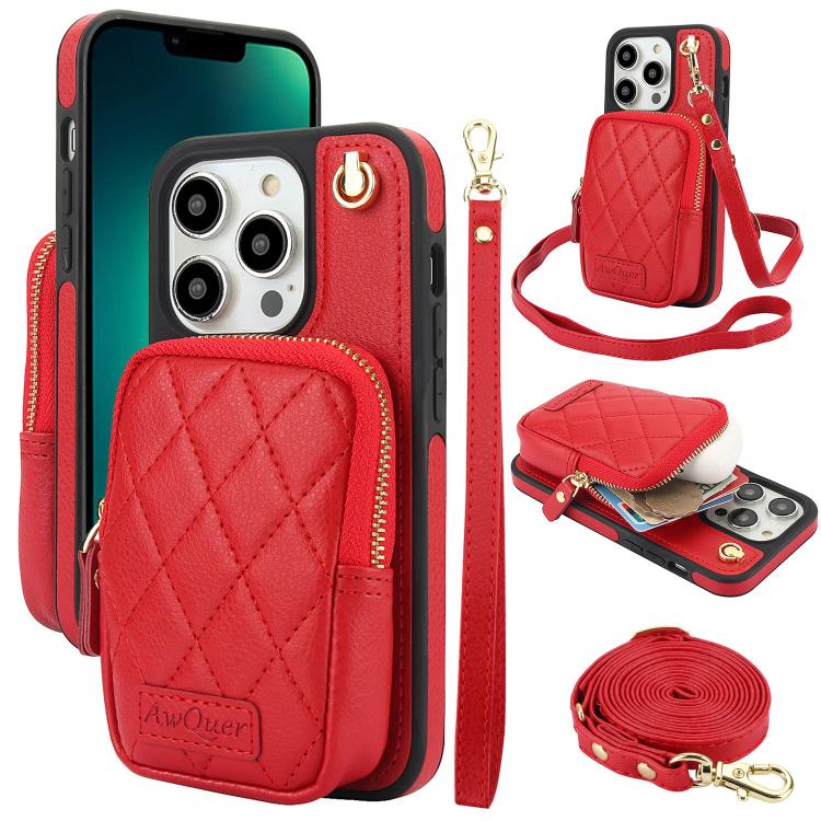 AwQuer Crossbody Zipper Wallet Bag Litchi Leather Phone Case, For iPhone 13 Pro Max, For iPhone 13 Pro, For iPhone 12 / 12 Pro, For iPhone 12 Pro Max, For iPhone 11 Pro Max, For iPhone 11