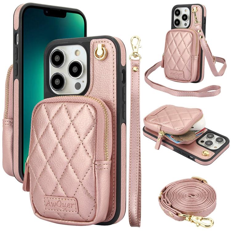 AwQuer Crossbody Zipper Wallet Bag Litchi Leather Phone Case, For iPhone 13 Pro Max, For iPhone 13 Pro, For iPhone 12 / 12 Pro, For iPhone 12 Pro Max, For iPhone 11 Pro Max, For iPhone 11