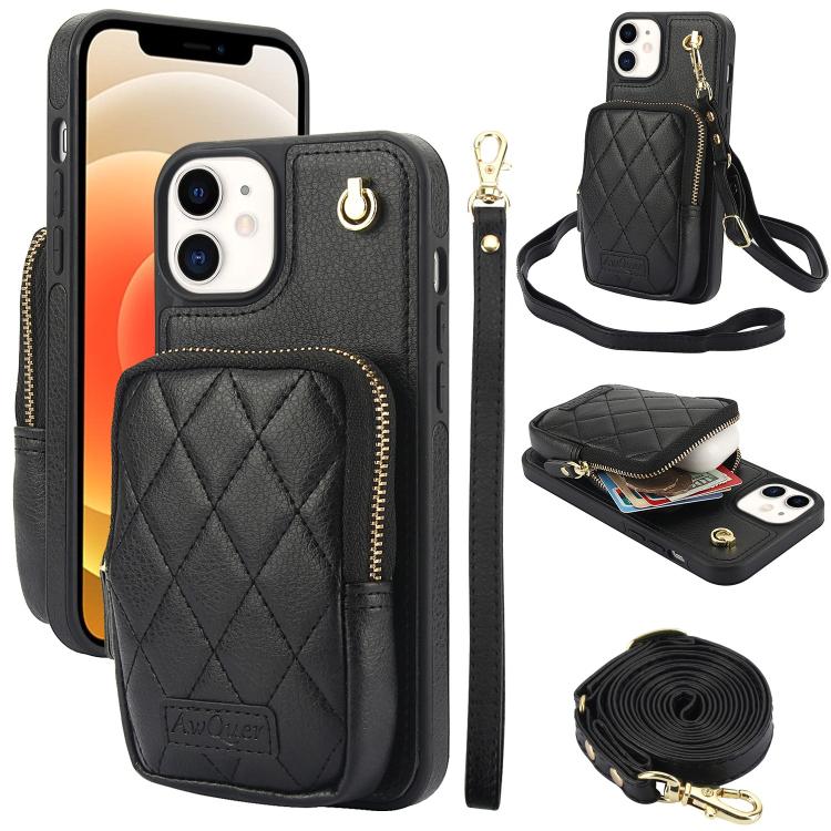 AwQuer Crossbody Zipper Wallet Bag Litchi Leather Phone Case, For iPhone 13 Pro Max, For iPhone 13 Pro, For iPhone 12 / 12 Pro, For iPhone 12 Pro Max, For iPhone 11 Pro Max, For iPhone 11