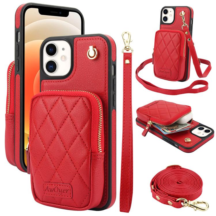 AwQuer Crossbody Zipper Wallet Bag Litchi Leather Phone Case, For iPhone 13 Pro Max, For iPhone 13 Pro, For iPhone 12 / 12 Pro, For iPhone 12 Pro Max, For iPhone 11 Pro Max, For iPhone 11