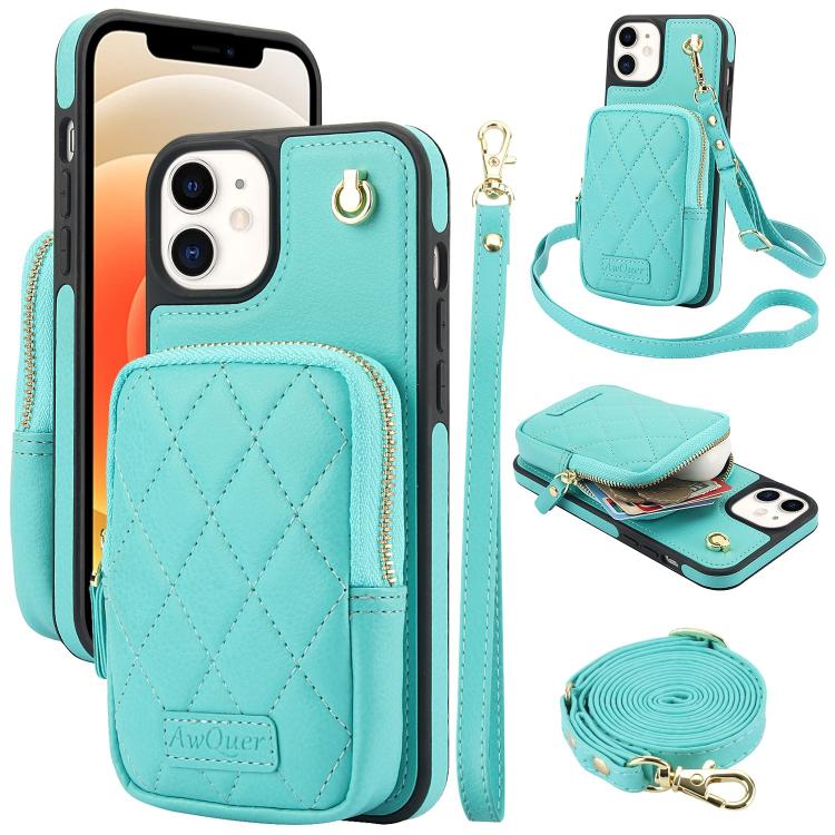 AwQuer Crossbody Zipper Wallet Bag Litchi Leather Phone Case, For iPhone 13 Pro Max, For iPhone 13 Pro, For iPhone 12 / 12 Pro, For iPhone 12 Pro Max, For iPhone 11 Pro Max, For iPhone 11