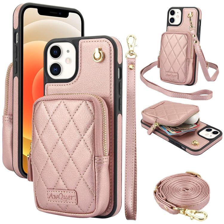 AwQuer Crossbody Zipper Wallet Bag Litchi Leather Phone Case, For iPhone 13 Pro Max, For iPhone 13 Pro, For iPhone 12 / 12 Pro, For iPhone 12 Pro Max, For iPhone 11 Pro Max, For iPhone 11