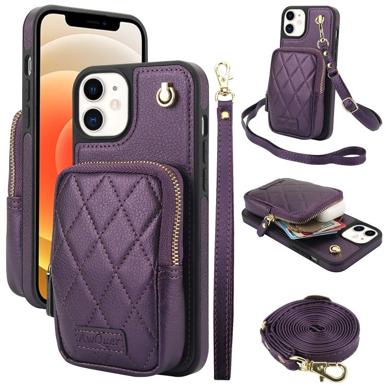 AwQuer Crossbody Zipper Wallet Bag Litchi Leather Phone Case, For iPhone 13 Pro Max, For iPhone 13 Pro, For iPhone 12 / 12 Pro, For iPhone 12 Pro Max, For iPhone 11 Pro Max, For iPhone 11