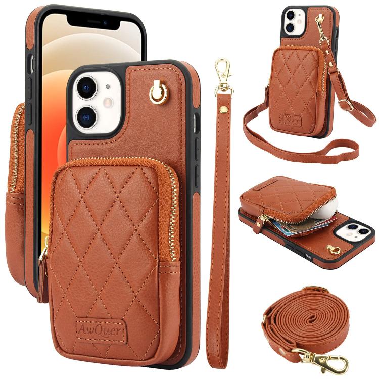 AwQuer Crossbody Zipper Wallet Bag Litchi Leather Phone Case, For iPhone 13 Pro Max, For iPhone 13 Pro, For iPhone 12 / 12 Pro, For iPhone 12 Pro Max, For iPhone 11 Pro Max, For iPhone 11