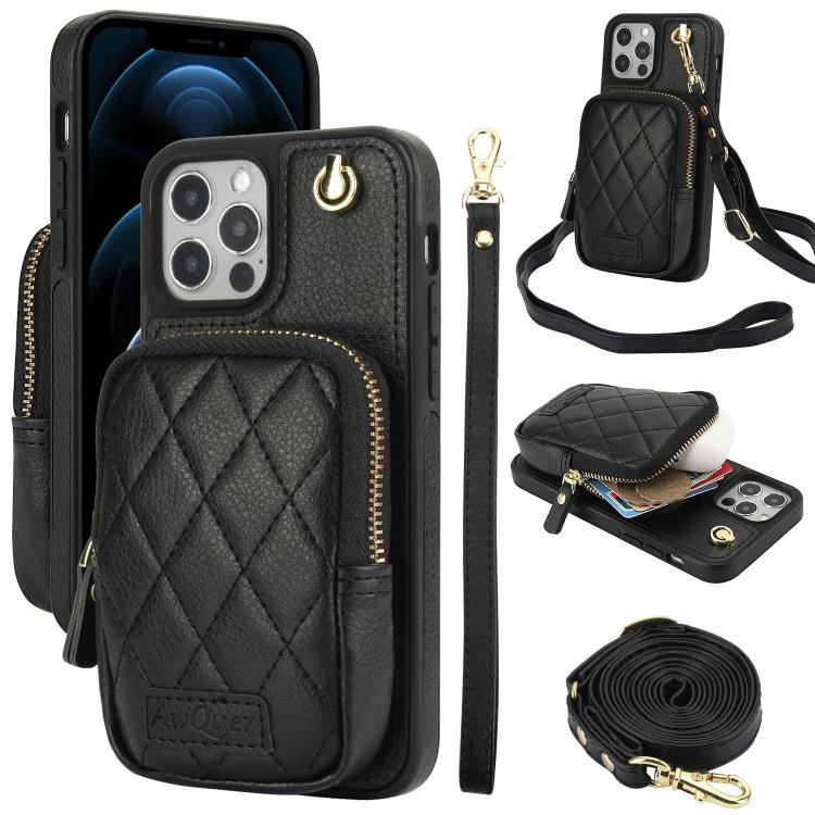 AwQuer Crossbody Zipper Wallet Bag Litchi Leather Phone Case, For iPhone 13 Pro Max, For iPhone 13 Pro, For iPhone 12 / 12 Pro, For iPhone 12 Pro Max, For iPhone 11 Pro Max, For iPhone 11
