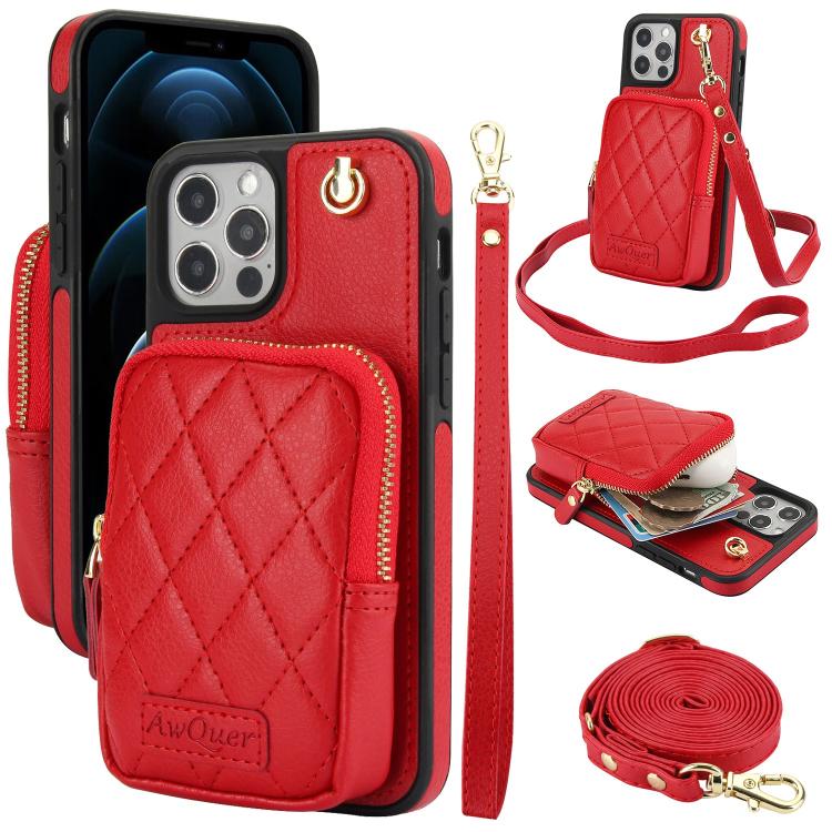 AwQuer Crossbody Zipper Wallet Bag Litchi Leather Phone Case, For iPhone 13 Pro Max, For iPhone 13 Pro, For iPhone 12 / 12 Pro, For iPhone 12 Pro Max, For iPhone 11 Pro Max, For iPhone 11