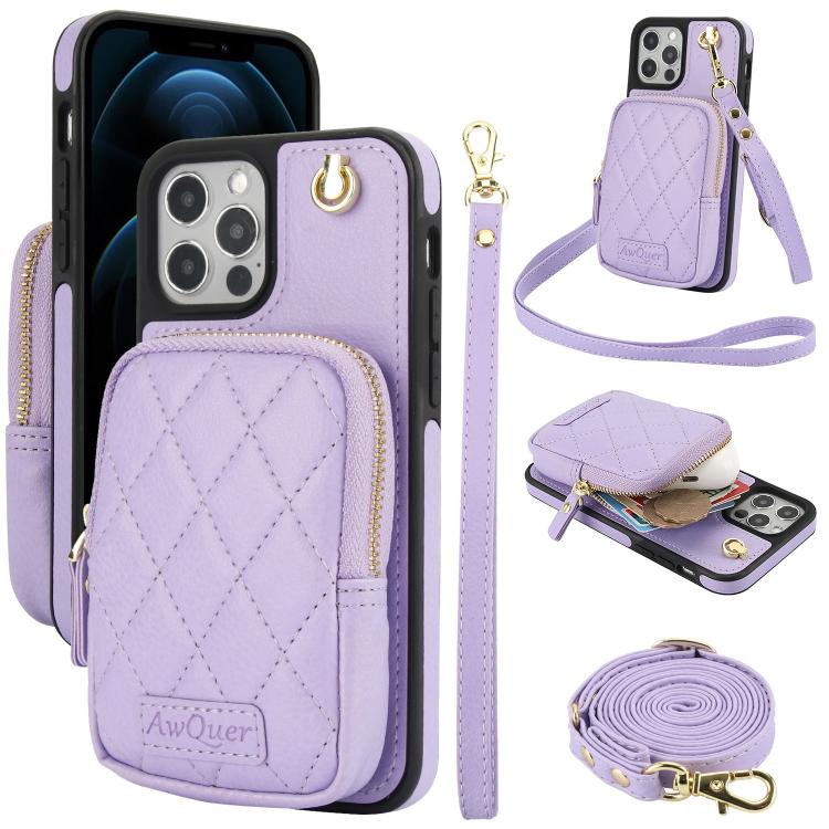 AwQuer Crossbody Zipper Wallet Bag Litchi Leather Phone Case, For iPhone 13 Pro Max, For iPhone 13 Pro, For iPhone 12 / 12 Pro, For iPhone 12 Pro Max, For iPhone 11 Pro Max, For iPhone 11