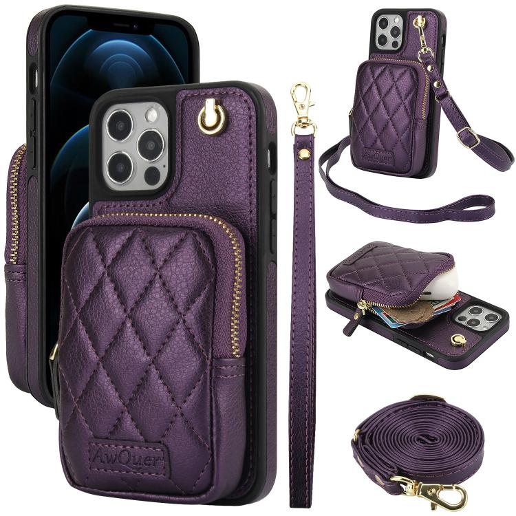 AwQuer Crossbody Zipper Wallet Bag Litchi Leather Phone Case, For iPhone 13 Pro Max, For iPhone 13 Pro, For iPhone 12 / 12 Pro, For iPhone 12 Pro Max, For iPhone 11 Pro Max, For iPhone 11