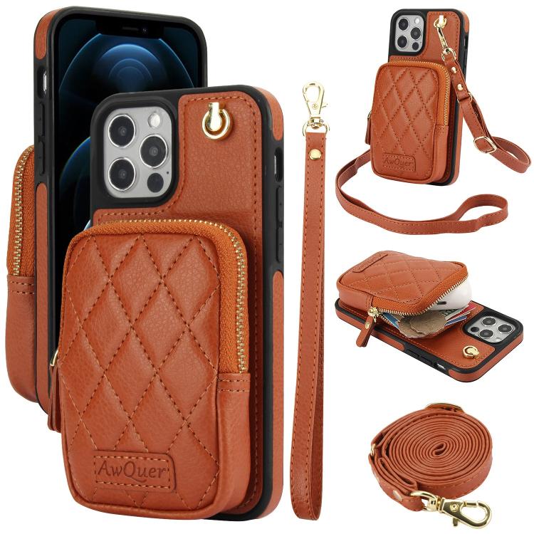 AwQuer Crossbody Zipper Wallet Bag Litchi Leather Phone Case, For iPhone 13 Pro Max, For iPhone 13 Pro, For iPhone 12 / 12 Pro, For iPhone 12 Pro Max, For iPhone 11 Pro Max, For iPhone 11