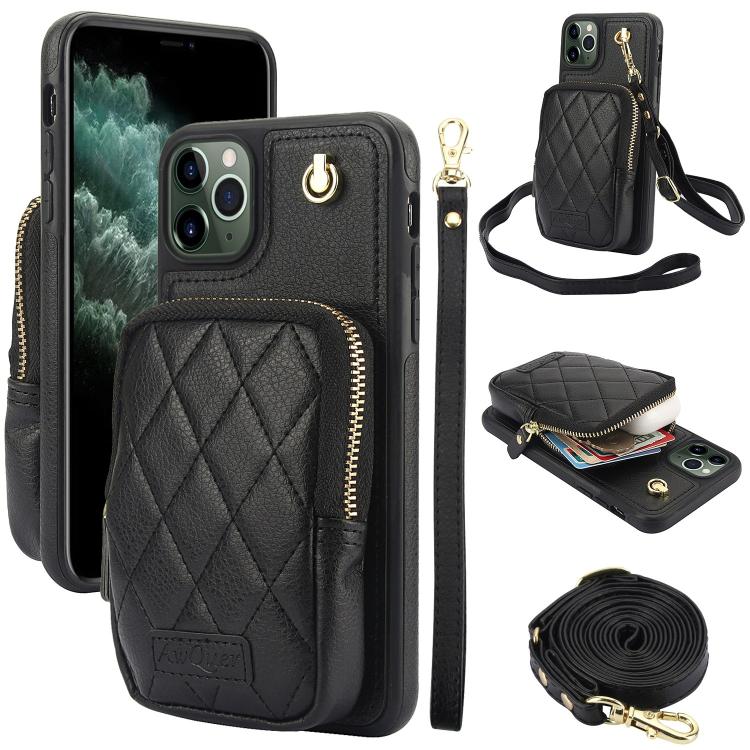 AwQuer Crossbody Zipper Wallet Bag Litchi Leather Phone Case, For iPhone 13 Pro Max, For iPhone 13 Pro, For iPhone 12 / 12 Pro, For iPhone 12 Pro Max, For iPhone 11 Pro Max, For iPhone 11