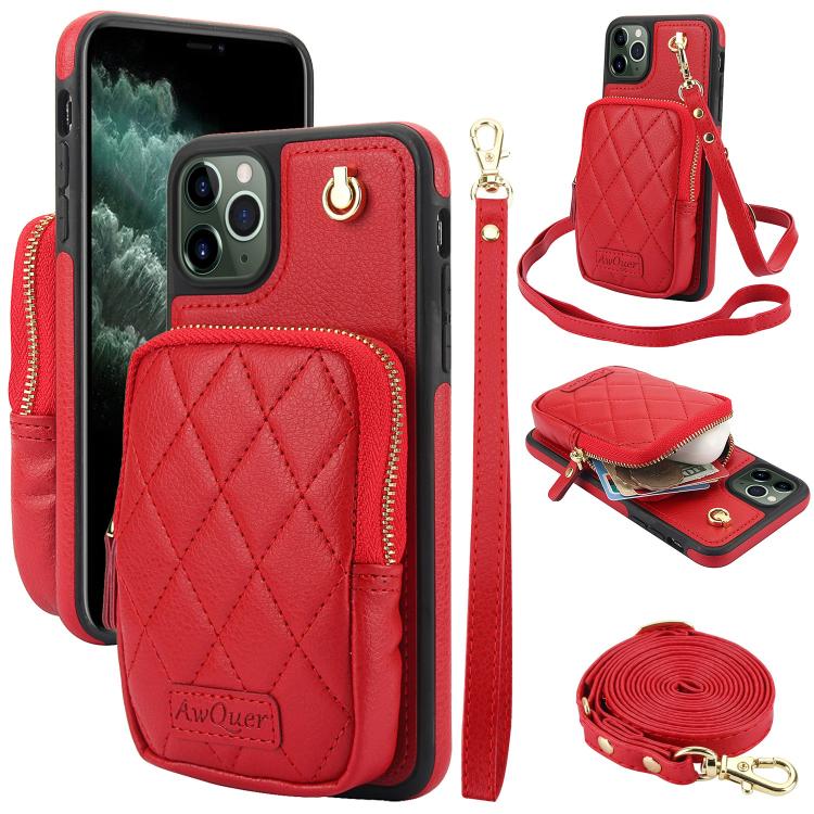 AwQuer Crossbody Zipper Wallet Bag Litchi Leather Phone Case, For iPhone 13 Pro Max, For iPhone 13 Pro, For iPhone 12 / 12 Pro, For iPhone 12 Pro Max, For iPhone 11 Pro Max, For iPhone 11