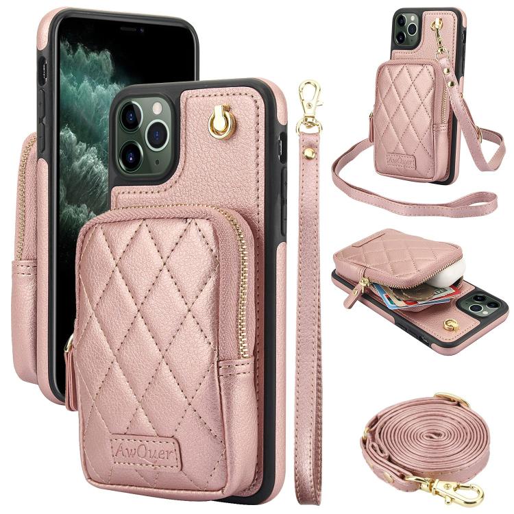 AwQuer Crossbody Zipper Wallet Bag Litchi Leather Phone Case, For iPhone 13 Pro Max, For iPhone 13 Pro, For iPhone 12 / 12 Pro, For iPhone 12 Pro Max, For iPhone 11 Pro Max, For iPhone 11