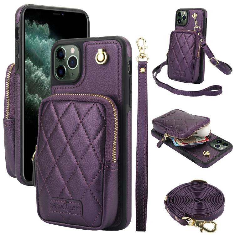 AwQuer Crossbody Zipper Wallet Bag Litchi Leather Phone Case, For iPhone 13 Pro Max, For iPhone 13 Pro, For iPhone 12 / 12 Pro, For iPhone 12 Pro Max, For iPhone 11 Pro Max, For iPhone 11
