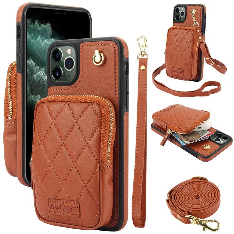AwQuer Crossbody Zipper Wallet Bag Litchi Leather Phone Case, For iPhone 13 Pro Max, For iPhone 13 Pro, For iPhone 12 / 12 Pro, For iPhone 12 Pro Max, For iPhone 11 Pro Max, For iPhone 11