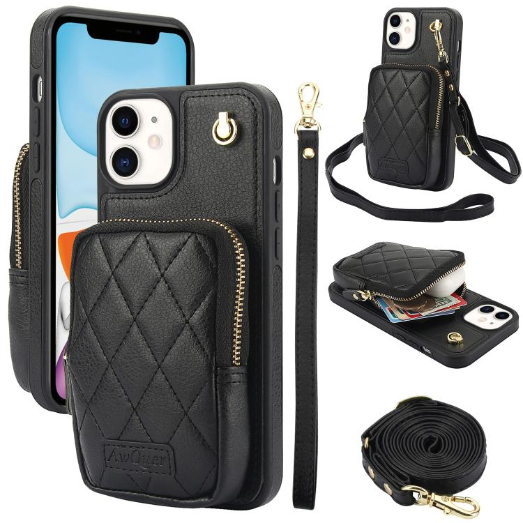 AwQuer Crossbody Zipper Wallet Bag Litchi Leather Phone Case, For iPhone 13 Pro Max, For iPhone 13 Pro, For iPhone 12 / 12 Pro, For iPhone 12 Pro Max, For iPhone 11 Pro Max, For iPhone 11