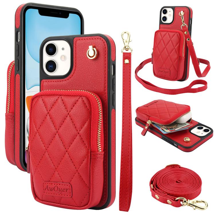 AwQuer Crossbody Zipper Wallet Bag Litchi Leather Phone Case, For iPhone 13 Pro Max, For iPhone 13 Pro, For iPhone 12 / 12 Pro, For iPhone 12 Pro Max, For iPhone 11 Pro Max, For iPhone 11
