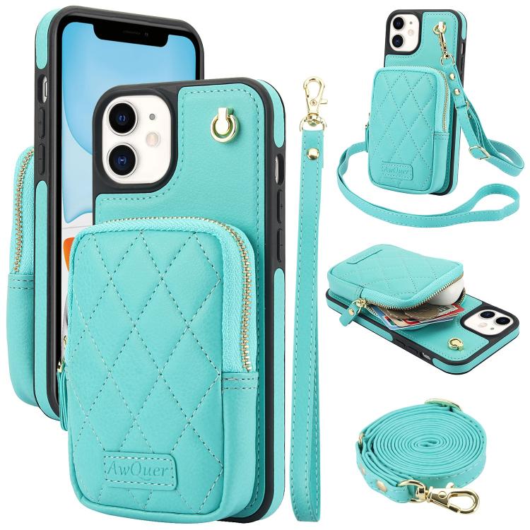 AwQuer Crossbody Zipper Wallet Bag Litchi Leather Phone Case, For iPhone 13 Pro Max, For iPhone 13 Pro, For iPhone 12 / 12 Pro, For iPhone 12 Pro Max, For iPhone 11 Pro Max, For iPhone 11
