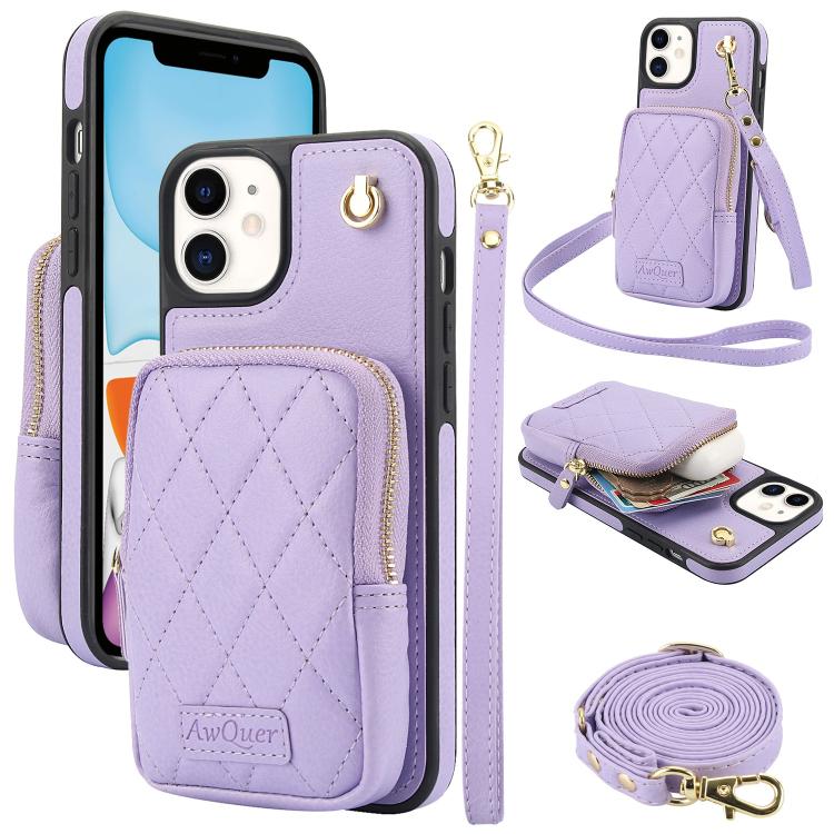 AwQuer Crossbody Zipper Wallet Bag Litchi Leather Phone Case, For iPhone 13 Pro Max, For iPhone 13 Pro, For iPhone 12 / 12 Pro, For iPhone 12 Pro Max, For iPhone 11 Pro Max, For iPhone 11