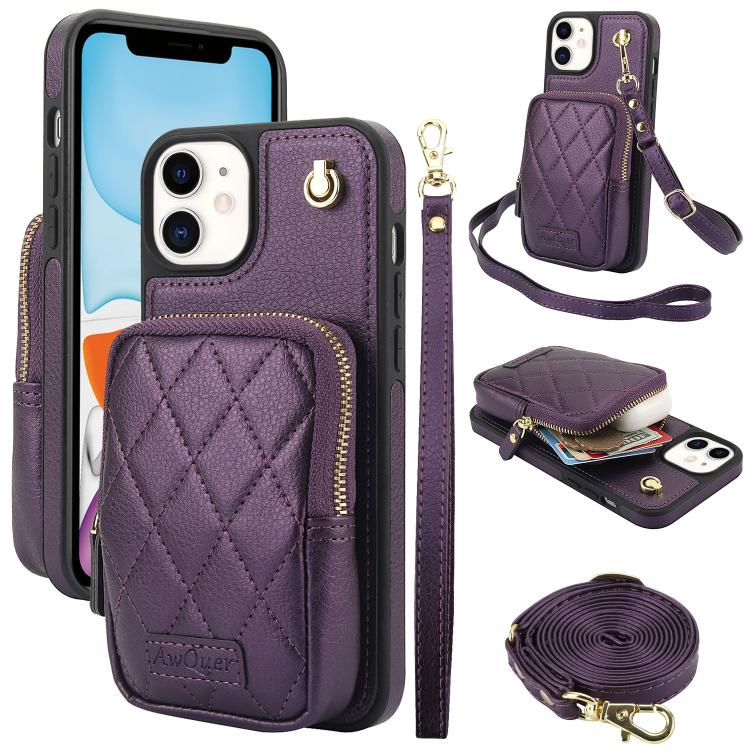AwQuer Crossbody Zipper Wallet Bag Litchi Leather Phone Case, For iPhone 13 Pro Max, For iPhone 13 Pro, For iPhone 12 / 12 Pro, For iPhone 12 Pro Max, For iPhone 11 Pro Max, For iPhone 11