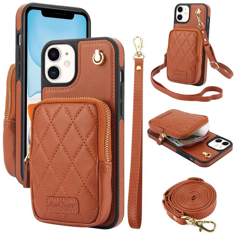 AwQuer Crossbody Zipper Wallet Bag Litchi Leather Phone Case, For iPhone 13 Pro Max, For iPhone 13 Pro, For iPhone 12 / 12 Pro, For iPhone 12 Pro Max, For iPhone 11 Pro Max, For iPhone 11