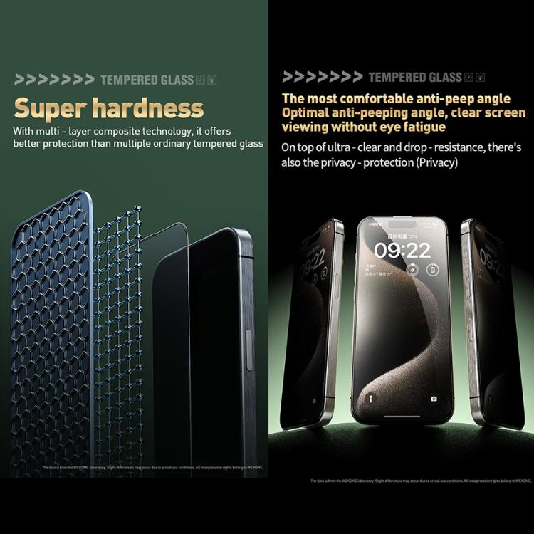 WK WTP-104 Jungle Series Kinkong Kyanite Ultra-hard 9D Curved Privacy Aluminum Glass Film, For iPhone 16 Pro Max, For iPhone 16 Pro, For iPhone 16 Plus / 15 Plus, For iPhone 16 / 15, For iPhone 15 Pro Max, For iPhone 15 Pro