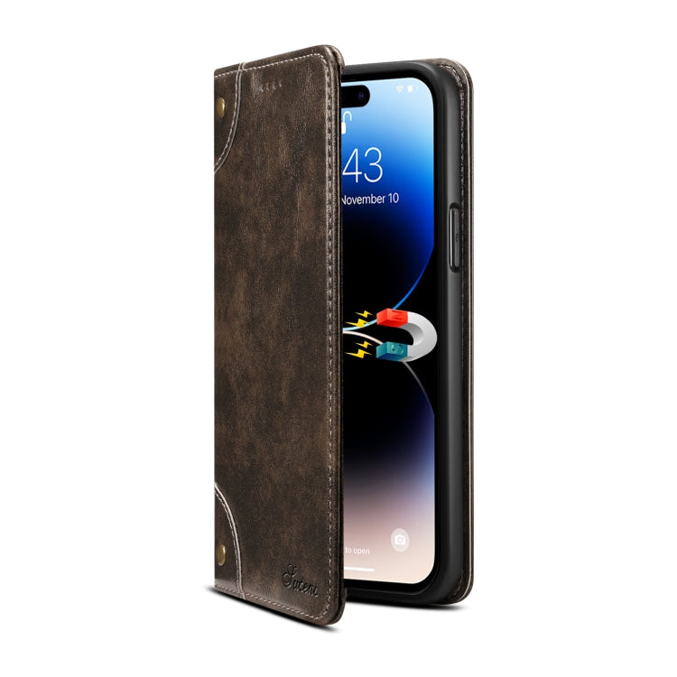 Suteni Baroque Calf Texture Buckle Wallet Leather Phone Case, For iPhone 15 Pro Max, For iPhone 15 Pro, For iPhone 15 Plus, For iPhone 15