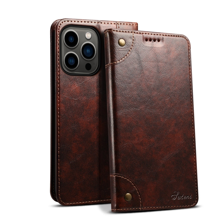 Suteni Baroque Calf Texture Buckle Wallet Leather Phone Case, For iPhone 15 Pro Max, For iPhone 15 Pro, For iPhone 15 Plus, For iPhone 15