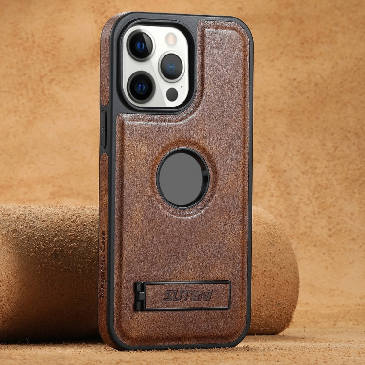Suteni G2 Magsafe Oil Wax Leather Back Phone Case with Holder, For iPhone 12 Pro Max, For iPhone 12 Pro