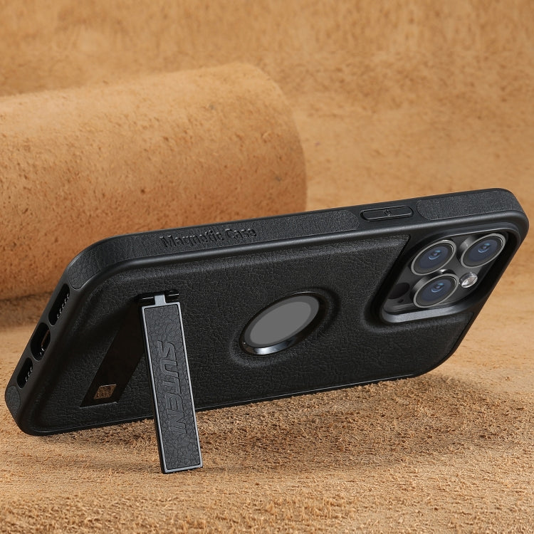 Suteni G2 Magsafe Litchi Texture Leather Back Phone Case with Holder, For iPhone 12 Pro Max, For iPhone 12 Pro