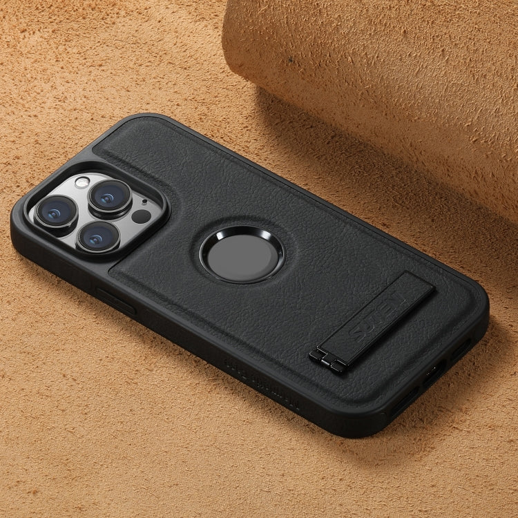 Suteni G2 Magsafe Litchi Texture Leather Back Phone Case with Holder, For iPhone 12 Pro Max, For iPhone 12 Pro