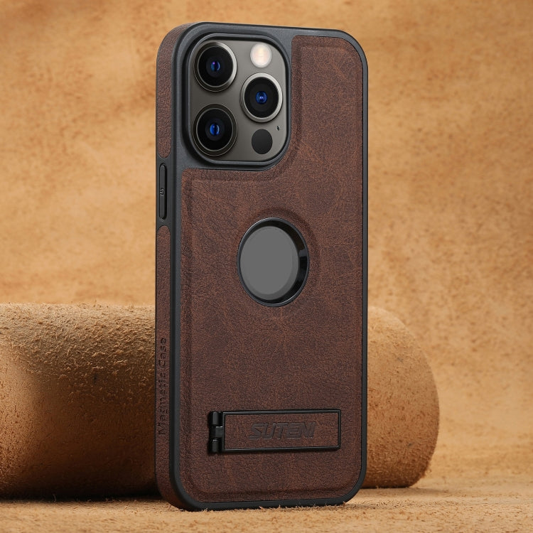 Suteni G2 Magsafe Litchi Texture Leather Back Phone Case with Holder, For iPhone 12 Pro Max, For iPhone 12 Pro