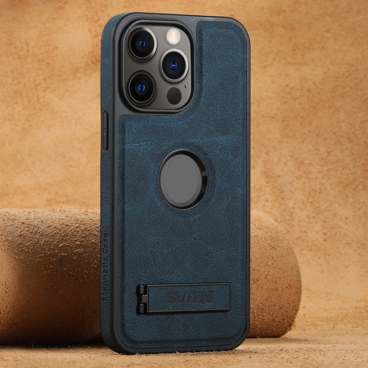Suteni G2 Magsafe Litchi Texture Leather Back Phone Case with Holder, For iPhone 12 Pro Max, For iPhone 12 Pro