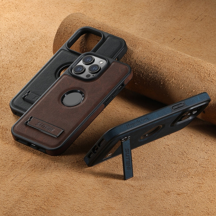 Suteni G2 Magsafe Litchi Texture Leather Back Phone Case with Holder, For iPhone 12 Pro Max, For iPhone 12 Pro