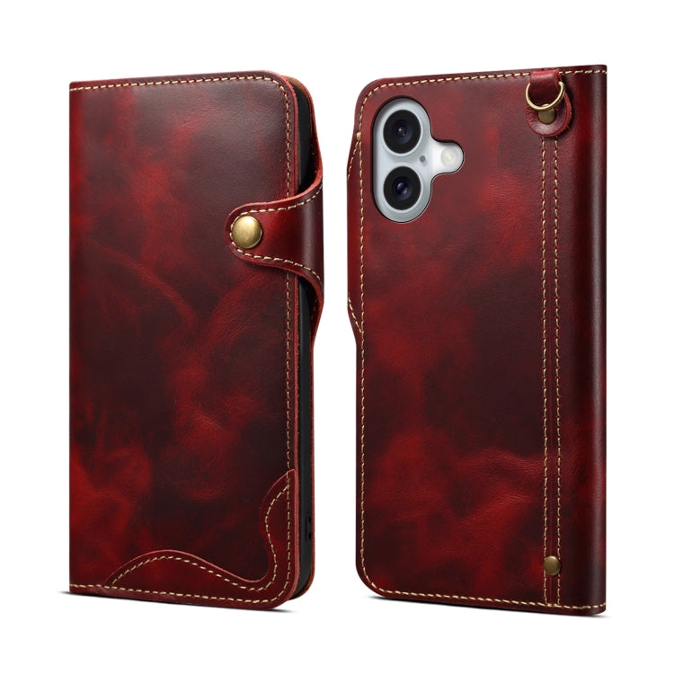 Denior B01 Oil Wax Cowhide Magnetic Button Genuine Leather Case, For iPhone 16e, For iPhone 16 Pro Max, For iPhone 16 Pro, For iPhone 16 Plus, For iPhone 16