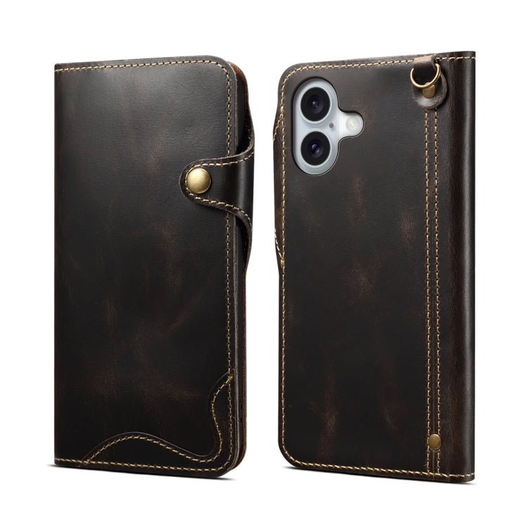 Denior B01 Oil Wax Cowhide Magnetic Button Genuine Leather Case, For iPhone 16e, For iPhone 16 Pro Max, For iPhone 16 Pro, For iPhone 16 Plus, For iPhone 16