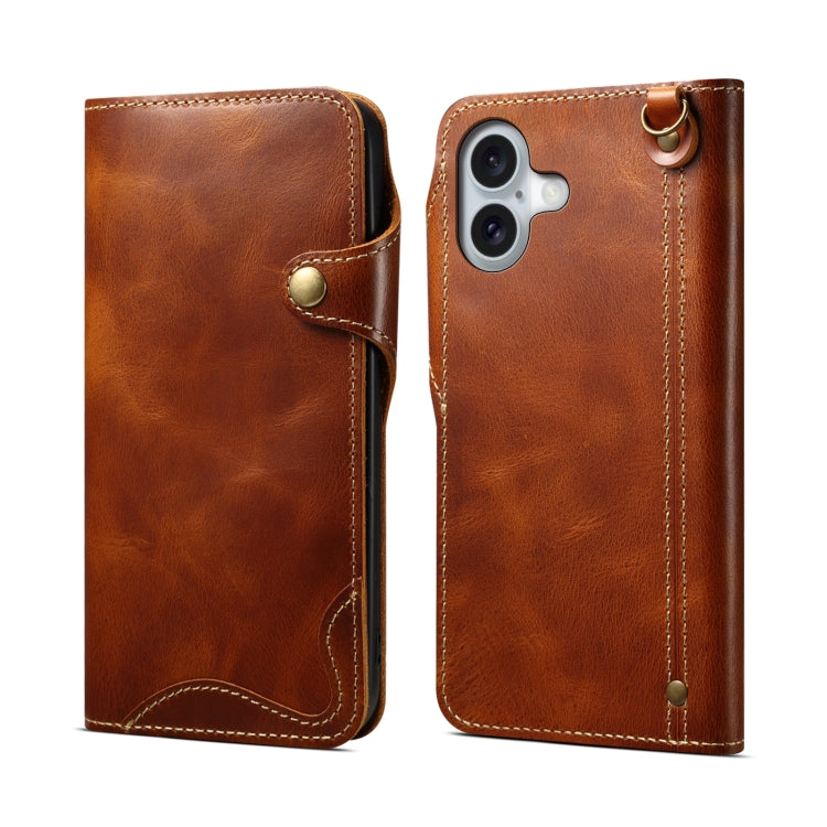 Denior B01 Oil Wax Cowhide Magnetic Button Genuine Leather Case, For iPhone 16e, For iPhone 16 Pro Max, For iPhone 16 Pro, For iPhone 16 Plus, For iPhone 16