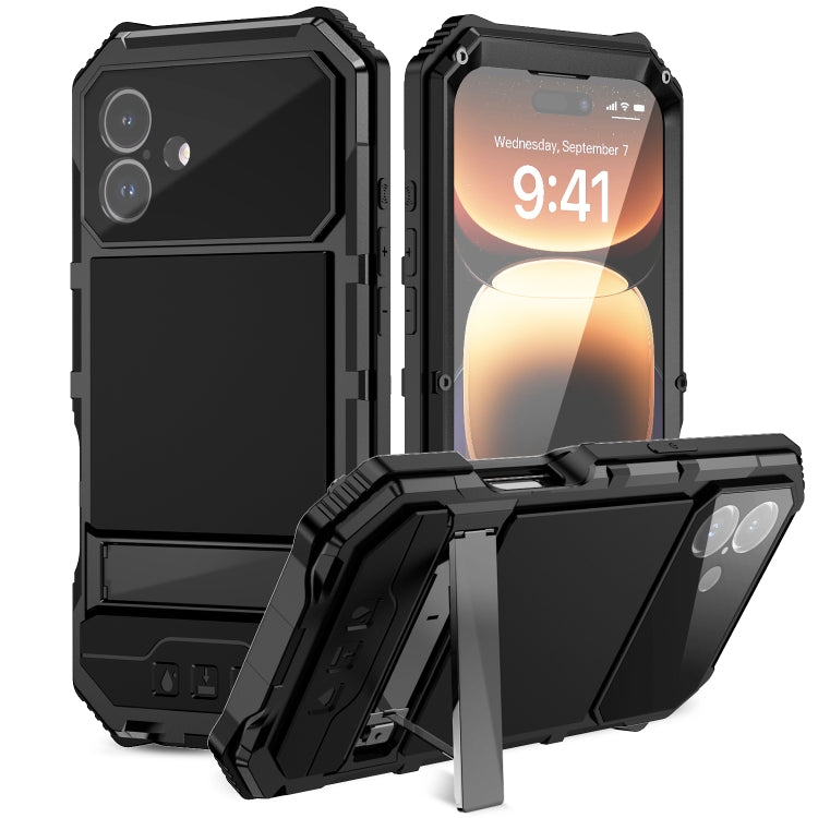 R-JUST Life Waterproof Dustproof Shockproof Holder Phone Case, For iPhone 16e, For iPhone 16 Pro Max, For iPhone 16 Plus, For iPhone 15 Pro Max, For iPhone 15 Plus