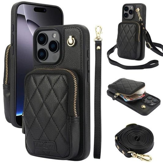 AwQuer Crossbody Zipper Wallet Bag Litchi Leather Phone Case, For iPhone 16 Pro Max, For iPhone 16 Pro, For iPhone 16 Plus, For iPhone 16, For iPhone 15 Pro Max, For iPhone 15 Pro