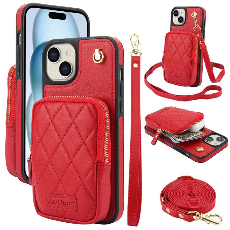 AwQuer Crossbody Zipper Wallet Bag Litchi Leather Phone Case, For iPhone 15 Plus, For iPhone 15, For iPhone 14 Plus, For iPhone 14 / 13, For iPhone 14 Pro, For iPhone 14 Pro Max