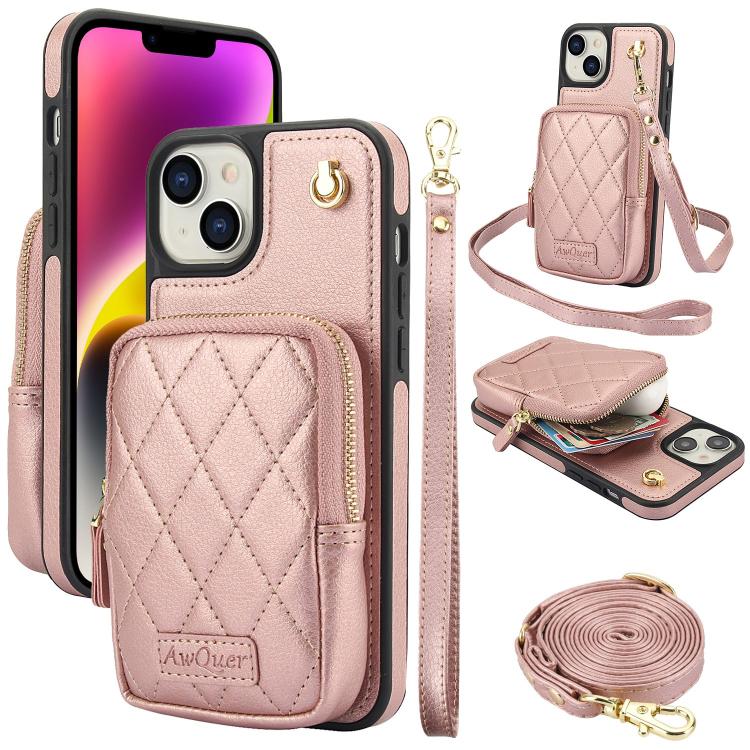 AwQuer Crossbody Zipper Wallet Bag Litchi Leather Phone Case, For iPhone 15 Plus, For iPhone 15, For iPhone 14 Plus, For iPhone 14 / 13, For iPhone 14 Pro, For iPhone 14 Pro Max