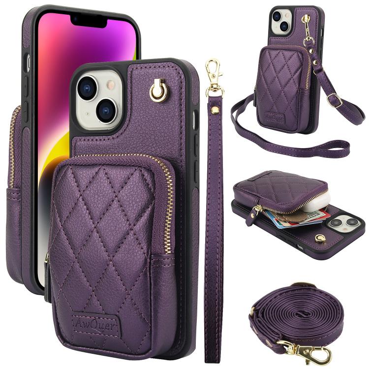 AwQuer Crossbody Zipper Wallet Bag Litchi Leather Phone Case, For iPhone 15 Plus, For iPhone 15, For iPhone 14 Plus, For iPhone 14 / 13, For iPhone 14 Pro, For iPhone 14 Pro Max