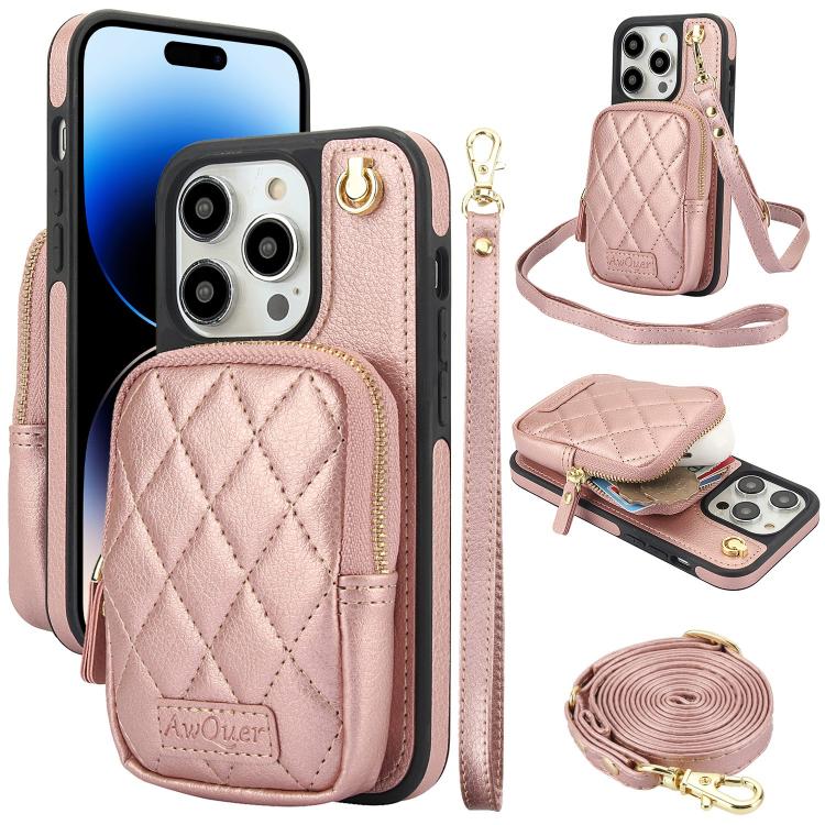 AwQuer Crossbody Zipper Wallet Bag Litchi Leather Phone Case, For iPhone 15 Plus, For iPhone 15, For iPhone 14 Plus, For iPhone 14 / 13, For iPhone 14 Pro, For iPhone 14 Pro Max