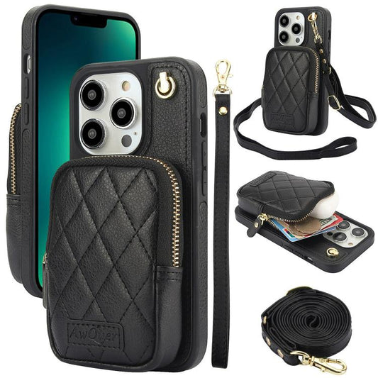 AwQuer Crossbody Zipper Wallet Bag Litchi Leather Phone Case, For iPhone 13 Pro Max, For iPhone 13 Pro, For iPhone 12 / 12 Pro, For iPhone 12 Pro Max, For iPhone 11 Pro Max, For iPhone 11