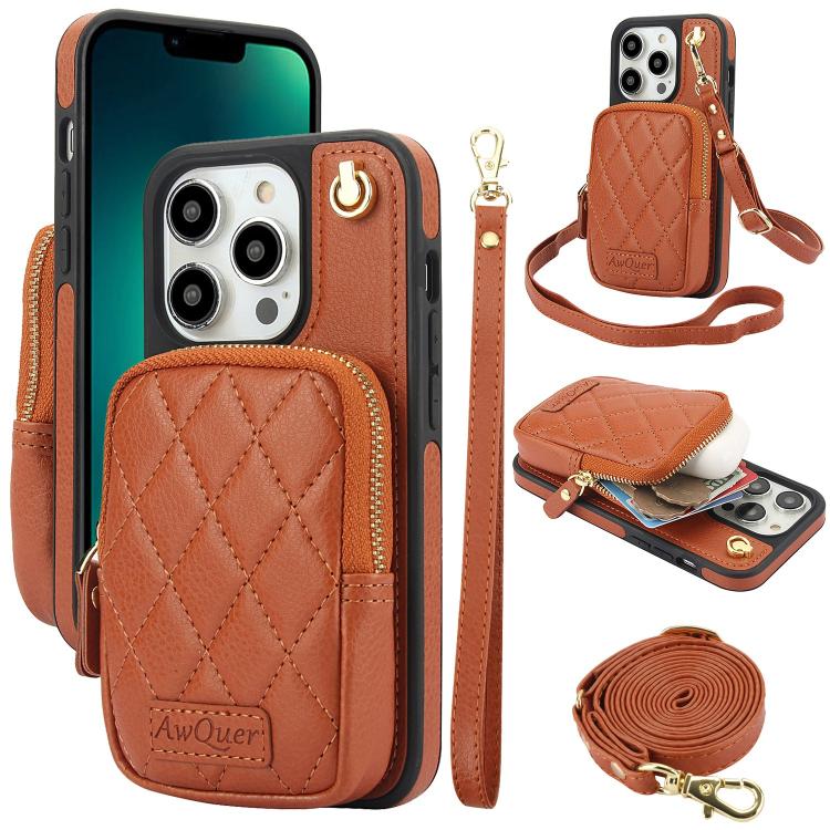 AwQuer Crossbody Zipper Wallet Bag Litchi Leather Phone Case, For iPhone 13 Pro Max, For iPhone 13 Pro, For iPhone 12 / 12 Pro, For iPhone 12 Pro Max, For iPhone 11 Pro Max, For iPhone 11