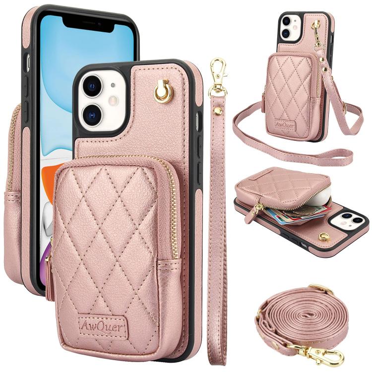 AwQuer Crossbody Zipper Wallet Bag Litchi Leather Phone Case, For iPhone 13 Pro Max, For iPhone 13 Pro, For iPhone 12 / 12 Pro, For iPhone 12 Pro Max, For iPhone 11 Pro Max, For iPhone 11