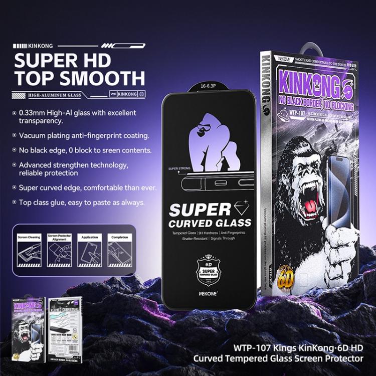 WK WTP-107 Kings KinKong 0.33mm 6D Curved HD Tempered Glass Film, No Black Frame, For iPhone 16 Pro Max, For iPhone 16 Pro, For iPhone 16 Plus / 15 Plus, For iPhone 16 / 15, For iPhone 15 Pro Max, For iPhone 15 Pro, For iPhone 13 Pro Max / 14 Plus�����...