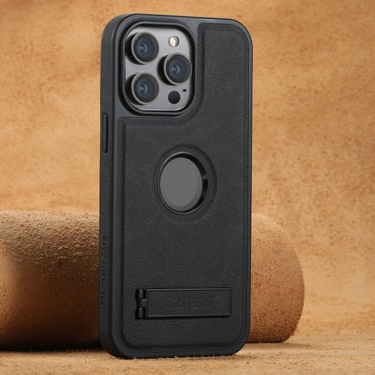 Suteni G2 Magsafe Litchi Texture Leather Back Phone Case with Holder, For iPhone 16 Pro Max, For iPhone 16 Pro, For iPhone 16 Plus, For iPhone 16, For iPhone 15 Pro Max, For iPhone 15 Pro, For iPhone 15 Plus, For iPhone 15, For iPhone 14 Plus����������...